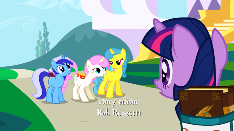 Size: 1920x1080 | Tagged: safe, derpibooru import, screencap, lemon hearts, minuette, twilight sparkle, twinkleshine, pony, unicorn, friendship is magic, g4, bag, book, book of harmony, female, horn, image, mare, my little pony, opening credits, png, saddle bag, unicorn twilight