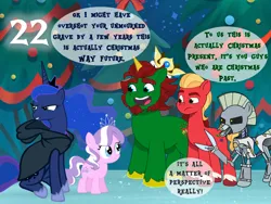 Size: 1440x1080 | Tagged: safe, artist:bronybyexception, derpibooru import, diamond tiara, princess luna, sprout cloverleaf, g4, g5, a christmas carol, advent calendar, aqua teen hunger force, christmas, christmas tree, ghost of christmas future, ghost of christmas past, ghost of christmas present, holiday, image, png, the cybernetic ghost of christmas past from the future, the ghost of christmas present, time travel, tree