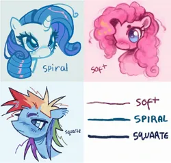 Size: 2500x2378 | Tagged: safe, artist:onionpwder, derpibooru import, pinkie pie, rainbow dash, rarity, earth pony, pegasus, pony, unicorn, g4, alternate eye color, alternate hairstyle, big eyes, blue eyes, blue eyeshadow, blue pupils, blush lines, blush scribble, blushing, bust, colored eyebrows, colored pupils, curly mane, ear fluff, eyebrow piercing, eyelashes, eyeshadow, female, fluffy, frown, high res, horn, image, jpeg, link in description, makeup, mare, multicolored hair, multicolored mane, narrowed eyes, piercing, pink mane, pixel-crisp art, profile, rainbow hair, ringlets, shiny mane, smiling, spiky mane, three quarter view, trio, trio female, unicorn horn