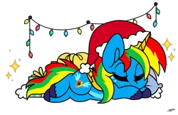 Size: 1600x1037 | Tagged: safe, artist:princessmoonsilver, derpibooru import, oc, oc:shield wing, alicorn, pony, christmas, christmas lights, hat, holiday, image, png, santa hat, simple background, sleeping, solo, transparent background