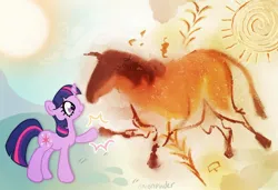 Size: 1410x963 | Tagged: safe, artist:onionpwder, derpibooru import, twilight sparkle, horse, pony, unicorn, cave painting, cute, female, food, heart, heart eyes, hoofbump, image, jpeg, mare, smiling, sun, twiabetes, unicorn twilight, watermark, wheat, wingding eyes