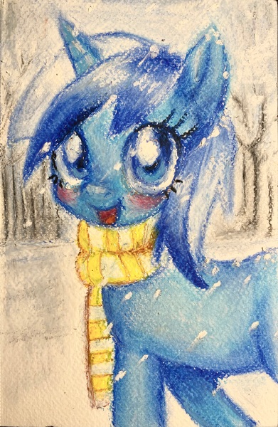 Size: 2576x3955 | Tagged: safe, artist:d7unlimited, derpibooru import, minuette, pony, unicorn, g4, background pony, clothes, crayon drawing, female, horn, image, jpeg, mare, outdoors, scarf, snow, traditional art, winter