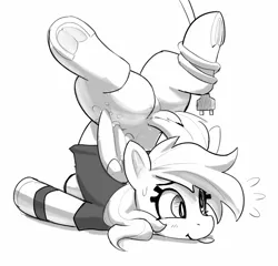 Size: 2067x1985 | Tagged: safe, artist:pabbley, derpibooru import, derpy hooves, pegasus, pony, g4, :p, black and white, bubble butt, butt, clothes, clumsy, derpy being derpy, female, frog (hoof), grayscale, image, mare, monochrome, plot, png, power cord, shirt, simple background, smiling, solo, sweat, sweatdrops, tongue out, underhoof, white background