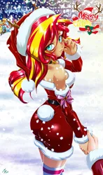 Size: 1600x2720 | Tagged: safe, artist:mauroz, derpibooru import, apple bloom, applejack, fluttershy, pinkie pie, rainbow dash, spike, sunset shimmer, human, equestria girls, g4, anime, anime style, bunset shimmer, butt, christmas, christmas 2024, clothes, costume, focus, hat, holiday, humanized, image, male, offscreen character, png, pov, santa costume, santa hat, sleeping