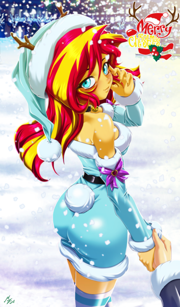 Size: 1600x2720 | Tagged: safe, alternate version, artist:mauroz, derpibooru import, sunset shimmer, human, equestria girls, g4, anime, anime style, bunset shimmer, butt, christmas, christmas 2024, clothes, costume, focus, hat, holiday, image, male, offscreen character, png, pov, santa costume, santa hat