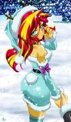 Size: 1600x2720 | Tagged: safe, alternate version, artist:mauroz, derpibooru import, sunset shimmer, human, equestria girls, g4, anime, anime style, bunset shimmer, butt, christmas, christmas 2024, clothes, costume, female, focus, hat, holiday, image, male, offscreen character, png, pov, santa costume, santa hat