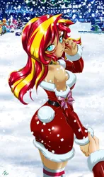 Size: 1600x2720 | Tagged: safe, alternate version, artist:mauroz, derpibooru import, apple bloom, applejack, fluttershy, pinkie pie, rainbow dash, spike, sunset shimmer, human, equestria girls, g4, anime, anime style, bunset shimmer, butt, christmas, christmas 2024, clothes, costume, female, focus, hat, holiday, humanized, image, male, offscreen character, png, pov, santa costume, santa hat, sleeping