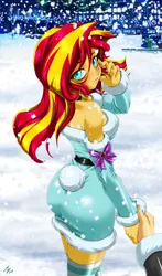 Size: 1600x2720 | Tagged: safe, alternate version, artist:mauroz, derpibooru import, sunset shimmer, human, equestria girls, g4, anime, anime style, bunset shimmer, butt, christmas, christmas 2024, clothes, costume, focus, hat, holiday, image, male, offscreen character, png, pov, santa costume, santa hat