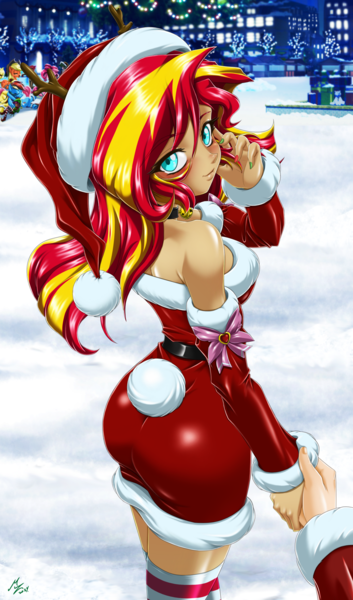 Size: 1600x2720 | Tagged: safe, alternate version, artist:mauroz, derpibooru import, apple bloom, applejack, fluttershy, pinkie pie, rainbow dash, spike, sunset shimmer, human, equestria girls, g4, anime, anime style, bunset shimmer, butt, christmas, christmas 2024, clothes, costume, female, focus, hat, holiday, humanized, image, male, offscreen character, png, pov, santa costume, santa hat, sleeping