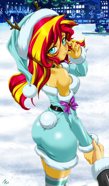 Size: 1600x2720 | Tagged: safe, alternate version, artist:mauroz, derpibooru import, sunset shimmer, human, equestria girls, g4, anime, anime style, bunset shimmer, butt, christmas, christmas 2024, clothes, costume, focus, hat, holiday, image, male, offscreen character, png, pov, santa costume, santa hat