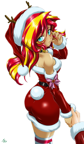 Size: 1600x2720 | Tagged: safe, alternate version, artist:mauroz, derpibooru import, sunset shimmer, human, equestria girls, g4, anime, anime style, bunset shimmer, butt, christmas, christmas 2024, clothes, costume, female, focus, hat, holiday, image, male, offscreen character, png, pov, santa costume, santa hat, simple background, transparent background