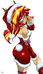 Size: 1600x2720 | Tagged: safe, alternate version, artist:mauroz, derpibooru import, sunset shimmer, human, equestria girls, g4, anime, anime style, bunset shimmer, butt, christmas, christmas 2024, clothes, costume, female, focus, hat, holiday, image, male, offscreen character, png, pov, santa costume, santa hat