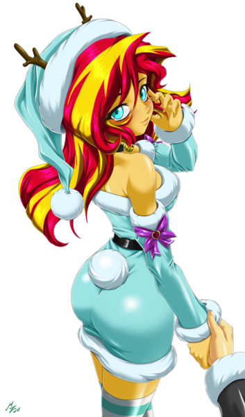 Size: 1600x2720 | Tagged: safe, alternate version, artist:mauroz, derpibooru import, sunset shimmer, human, equestria girls, g4, anime, anime style, bunset shimmer, butt, christmas, christmas 2024, clothes, costume, focus, hat, holiday, image, male, offscreen character, png, pov, santa costume, santa hat, simple background, transparent background