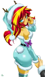 Size: 1600x2720 | Tagged: safe, alternate version, artist:mauroz, derpibooru import, sunset shimmer, human, equestria girls, g4, anime, anime style, bunset shimmer, butt, christmas, christmas 2024, clothes, costume, focus, hat, holiday, image, male, offscreen character, png, pov, santa costume, santa hat, simple background, transparent background