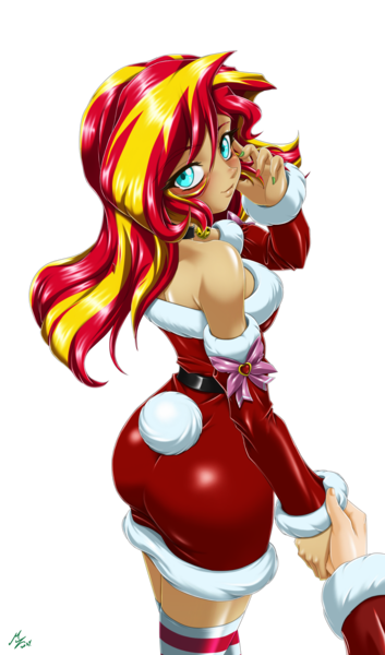 Size: 1600x2720 | Tagged: safe, alternate version, artist:mauroz, derpibooru import, sunset shimmer, human, equestria girls, g4, anime, anime style, bunset shimmer, butt, christmas, christmas 2024, clothes, costume, female, focus, hat, holiday, image, male, offscreen character, png, pov, santa costume