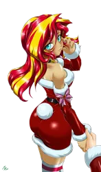 Size: 1600x2720 | Tagged: safe, alternate version, artist:mauroz, derpibooru import, sunset shimmer, human, equestria girls, g4, anime, anime style, bunset shimmer, butt, christmas, christmas 2024, clothes, costume, female, focus, hat, holiday, image, male, offscreen character, png, pov, santa costume