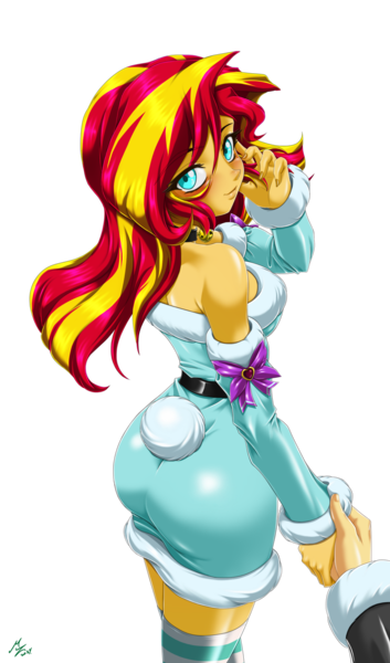 Size: 1600x2720 | Tagged: safe, alternate version, artist:mauroz, derpibooru import, sunset shimmer, human, equestria girls, g4, anime, anime style, bunset shimmer, butt, christmas, christmas 2024, clothes, costume, focus, hat, holiday, image, male, offscreen character, png, pov, santa costume, santa hat, simple background, transparent background