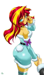 Size: 1600x2720 | Tagged: safe, alternate version, artist:mauroz, derpibooru import, sunset shimmer, human, equestria girls, g4, anime, anime style, bunset shimmer, butt, christmas, christmas 2024, clothes, costume, focus, hat, holiday, image, male, offscreen character, png, pov, santa costume, santa hat, simple background, transparent background