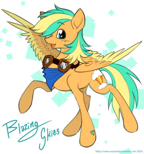 Size: 700x750 | Tagged: safe, artist:expectationemesis, derpibooru import, oc, oc:blazing skies, unofficial characters only, pegasus, pony, accessory, aviator goggles, derpibooru exclusive, goggles, hair over one eye, heart, heart mark, image, male, neckerchief, open mouth, open smile, png, raised hoof, simple background, smiling, solo, spread wings, stallion, standing, white background, wings