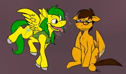 Size: 1313x768 | Tagged: safe, artist:dingotk, derpibooru import, oc, unofficial characters only, pegasus, pony, brown background, clothes, drunk, duo, image, male, pegasus oc, png, simple background, stallion, tongue out, unamused, wings