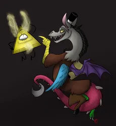 Size: 3808x4139 | Tagged: safe, artist:dingotk, derpibooru import, discord, draconequus, g4, 2014, bill cipher, crossover, dark background, duo, gravity falls, hat, image, male, png, smiling, tail, top hat, wings