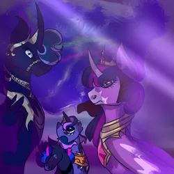 Size: 1280x1280 | Tagged: safe, artist:earth.loser, derpibooru import, princess luna, twilight sparkle, oc, oc:prince noctis, oc:princess dawnlight, pony, g4, bust, canterlot castle, colt, crown, element of magic, female, filly, foal, image, jewelry, male, mare, moon, necklace, png, portrait, regalia, royalty, stallion