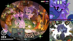 Size: 1920x1080 | Tagged: safe, artist:poneko-chan, derpibooru import, oc, oc:top five videos, oc:vylet, unofficial characters only, alicorn, pegasus, pony, g4, album cover, alicorn oc, drink, duo, ear piercing, electric guitar, guitar, headphones, horn, image, musical instrument, no matter what, pegasus oc, piercing, png, pride, pride flag, soda, transgender pride flag, vylet pony, wings