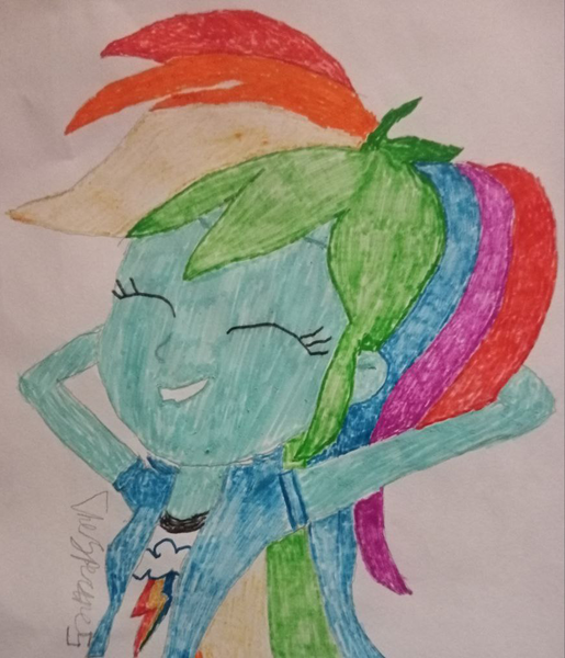 Size: 866x1008 | Tagged: safe, artist:the spectres, derpibooru import, rainbow dash, human, equestria girls, g4, derpibooru exclusive, eyes closed, female, image, marker drawing, png, relaxing, smiling, solo, traditional art