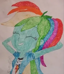 Size: 866x1008 | Tagged: safe, artist:the spectres, derpibooru import, rainbow dash, human, equestria girls, g4, derpibooru exclusive, eyes closed, female, image, marker drawing, png, relaxing, smiling, solo, traditional art