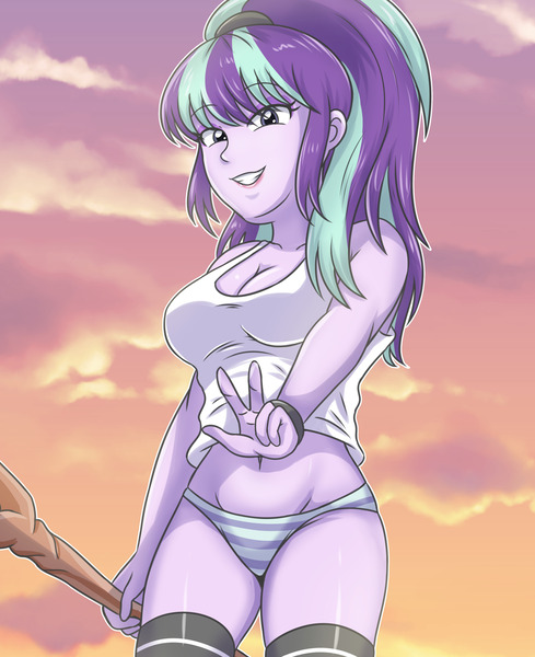 Size: 2850x3500 | Tagged: suggestive, artist:sumin6301, derpibooru import, starlight glimmer, human, equestria girls, g4, 2d, bangs, belly, belly button, big breasts, breasts, busty starlight glimmer, cleavage, clothes, eyebrows, eyebrows visible through hair, eyeshadow, female, grin, high res, image, jpeg, looking at you, looking down, looking down at you, makeup, midriff, one eye closed, outdoors, panties, peace sign, ponytail, s5 starlight, sleeveless, smiling, smiling at you, socks, solo, solo female, staff, staff of sameness, striped panties, striped underwear, sunset, tanktop, thigh highs, underwear, wink