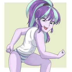 Size: 3000x2979 | Tagged: suggestive, artist:sumin6301, derpibooru import, starlight glimmer, human, equestria girls, g4, 2d, bangs, breasts, cleavage, clothes, eyebrows, eyebrows visible through hair, eyeshadow, female, high res, image, jpeg, looking at you, makeup, open mouth, open smile, panties, passepartout, ponytail, pose, s5 starlight, sleeveless, smiling, smiling at you, solo, striped panties, striped underwear, tanktop, underwear