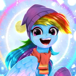 Size: 2400x2406 | Tagged: safe, artist:darksly, derpibooru import, rainbow dash, pegasus, pony, g4, beanie, clothes, cute, dashabetes, eyeshadow, female, gloves, hat, image, jpeg, makeup, mare, my little pony, my little pony best gift ever, open mouth, scarf, solo