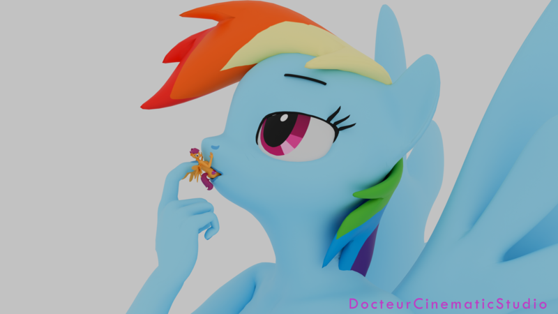 Size: 3840x2160 | Tagged: questionable, artist:docteurcinematicstudio, artist:mothra72, derpibooru import, rainbow dash, scootaloo, anthro, pegasus, plantigrade anthro, g4, 3d, blender, breasts, busty rainbow dash, busty scootaloo, female, giantess, hand, image, macro, macro/micro, micro, mouthplay, nudity, png, scared, size difference, vore, wings