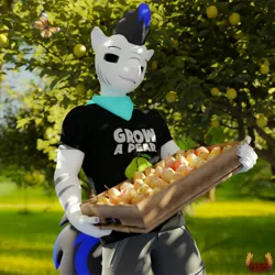 Size: 3840x3840 | Tagged: safe, artist:loveslove, derpibooru import, oc, oc:louie hooferson, unofficial characters only, anthro, plantigrade anthro, zebra, bandana, basket, clothes, commissioner:rockatdusk, food, funny shirt, image, jpeg, pear, pear tree, solo, tree, zebra oc