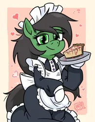 Size: 1810x2325 | Tagged: safe, artist:jargon scott, derpibooru import, oc, oc:anon-mare, unofficial characters only, earth pony, pony, semi-anthro, bipedal, cake, cheesecake, clothes, female, floating heart, food, heart, hoof hold, image, jpeg, lidded eyes, looking at you, maid, mare, passepartout, smiling, smiling at you, solo