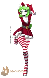 Size: 2894x4550 | Tagged: suggestive, artist:jackudoggy, derpibooru import, oc, oc:minty root, unofficial characters only, anthro, unguligrade anthro, unicorn, arm behind head, bow, christmas, christmas outfit, clothes, costume, hair bow, hat, holiday, horn, image, leg in air, png, santa costume, santa hat, simple background, socks, solo, striped socks, transparent background