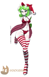 Size: 2894x4550 | Tagged: suggestive, artist:jackudoggy, derpibooru import, oc, oc:minty root, unofficial characters only, anthro, unguligrade anthro, unicorn, arm behind head, bow, christmas, clothes, hair bow, hat, holiday, horn, image, leg in air, lingerie, nightgown, png, red underwear, santa hat, simple background, socks, solo, striped socks, transparent background, underwear