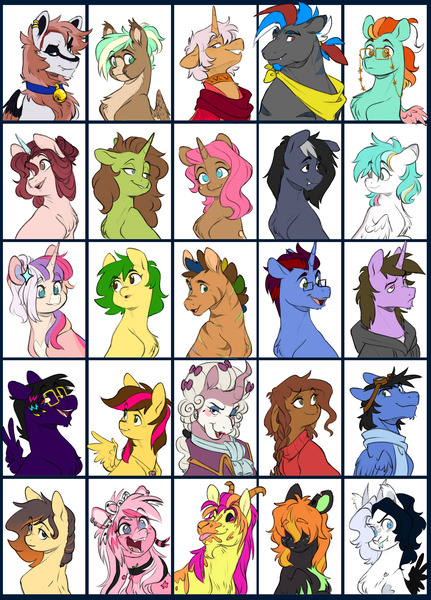 Size: 2048x2849 | Tagged: oc name needed, safe, artist:chub-wub, derpibooru import, oc, oc:arcade carpet, oc:basil, oc:ginger, oc:krayon dance, oc:midnight coder, oc:morning tide, oc:night peak, oc:palm dreams, oc:peaberry, oc:september sky, oc:skyee, oc:spare wrench, oc:sugar spoon, oc:walking paradox, oc:wild cider, ponified, earth pony, goat, hybrid, pegasus, pony, unicorn, zony, asra alnazar, bags under eyes, bandana, bangs, beard, beauty mark, bell, bell collar, big ears, black coat, black eyeshadow, black mane, black sclera, black wings, blaze (coat marking), blue coat, blue eyes, blue eyeshadow, blue mane, blue scarf, blue tongue, bow, braid, braided ponytail, brown coat, brown eyes, brown mane, brown wingtips, bust, chest marking, chin fluff, choker, clothes, coat, coat markings, collar, colored eartips, colored eyebrows, colored eyelashes, colored horn, colored horns, colored pinnae, colored sclera, colored sketch, colored tongue, colored wings, colored wingtips, coontails, cravat, cream coat, crooked horn, curved horns, cyan mane, ear piercing, ear tufts, earring, earth pony oc, emo, eye clipping through hair, eye markings, eyebrows, eyebrows visible through hair, eyelashes, eyeshadow, facial hair, facial markings, fangs, feathered wings, female, female oc, floppy ears, folded wings, forked tongue, freckles, frown, gauges, glasses, glasses chain, goat oc, goatee, goggles, goggles on head, gradient mane, gray coat, gray hoodie, green coat, green eyes, green wingtips, grin, group, hair accessory, hair bow, hair bun, hair over eyes, hair tie, hatching (technique), heart, heart mark, heart necklace, height difference, high res, hoodie, horn, horns, hybrid oc, image, industrial piercing, jewelry, jpeg, lidded eyes, light pink coat, lip piercing, lipstick, long mane, looking away, looking back, looking up, makeup, male, male oc, mane accessory, mane tie, mare, mare oc, mask (coat marking), mohawk, muscles, muscular male, neckerchief, necklace, no pupils, nonbinary, nonbinary oc, orange coat, orange mane, orange wingtips, partially open wings, peace sign, pegasus oc, physique difference, piercing, pink coat, pink eyes, pink lipstick, pink mane, pink wingtips, ponysona, ponytail, portrait, profile, purple bow, purple coat, purple eyes, rectangular pupil, red eyes, red mane, requested art, robe, scarf, scemo, scene, scene hair, shaggy mane, sketch, small wings, smiling, snake bites, snip (coat marking), speedpaint available, spotted wings, square glasses, stallion, stallion oc, star mark, stars, sternocleidomastoid, straight mane, striped, striped mane, stripes, sweater, teal coat, the arcana (game), three quarter view, three toned mane, tied mane, tired eyes, tongue out, torn ear, transmasculine, turned head, turtleneck, turtleneck sweater, two toned eyes, two toned hair, two toned mane, two toned wings, unicorn horn, unicorn oc, wall of tags, wavy mane, white coat, white mane, wig, wing gesture, wing hands, wing markings, wings, yellow coat, yellow fur, youtube link in the description, youtube link in the source, zony oc