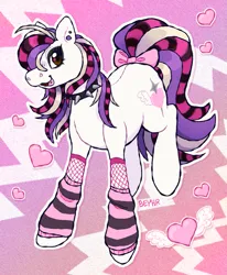 Size: 1111x1349 | Tagged: safe, artist:beyhr, derpibooru import, oc, oc:kandi kadaver, unofficial characters only, earth pony, pony, art trade, black eyeshadow, brown eyes, clothes, collar, coontails, ear piercing, earring, earth pony oc, eyeshadow, female, female oc, fishnet clothing, fishnets, floating heart, gauges, gradient background, heart, heart eyes, image, jewelry, leg warmers, looking at you, makeup, mare, mare oc, multicolored mane, multicolored tail, open mouth, open smile, outline, piercing, pink bow, png, profile, scene, scene hair, shiny mane, shiny tail, signature, smiling, smiling at you, socks, solo, spiked collar, standing, stockings, striped leg warmers, tail, tail accessory, textured background, thigh highs, tongue piercing, white coat, wingding eyes