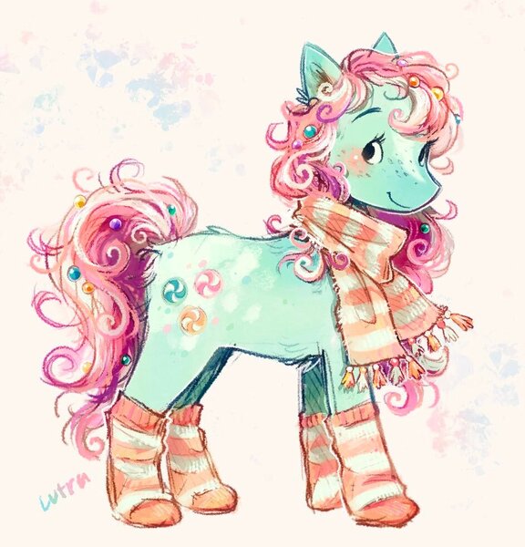 Size: 943x982 | Tagged: safe, artist:lutraviolet, derpibooru import, minty, earth pony, pony, g3, abstract background, alternate cutie mark, alternate design, blaze (coat marking), blushing, body fluff, butt fluff, clothes, coat markings, curly mane, curly tail, cute, ear fluff, eyelashes, facial markings, female, freckles, green coat, hair accessory, hatching (technique), image, jpeg, mane accessory, mare, mint coat, mintybetes, orange socks, pink mane, pink tail, redraw, scarf, signature, smiling, socks, solo, standing, striped scarf, striped socks, tail, tail accessory, three quarter view, two toned mane, two toned tail