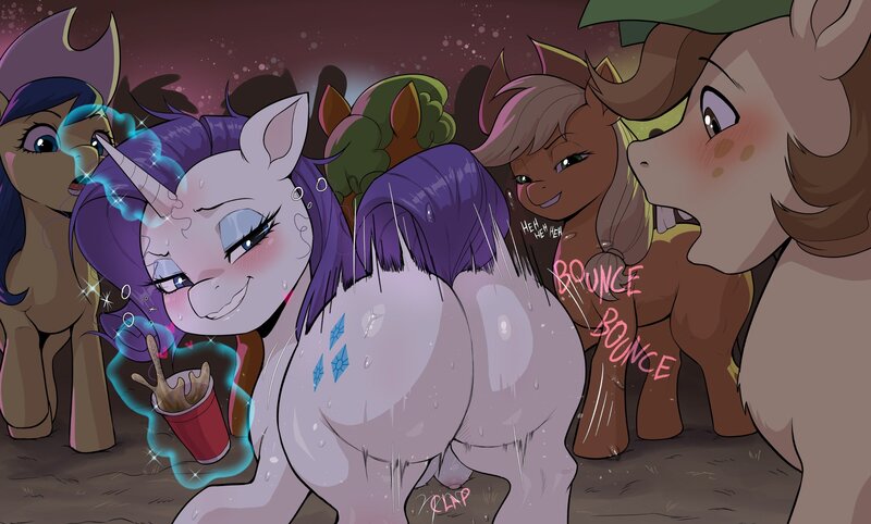 Size: 2048x1235 | Tagged: questionable, alternate version, artist:kokobiel, derpibooru import, applejack, fiddlesticks, hayseed turnip truck, rarity, earth pony, pony, unicorn, g4, alcohol, apple family member, bedroom eyes, blushing, bouncing, butt, butt clapping, crotchboobs, cup, drink, drinking, drunk, glow, glowing horn, group, horn, image, jpeg, levitation, lip bite, looking back, magic, nipples, nudity, onomatopoeia, party, presenting, raised tail, rearity, sweat, tail, telekinesis, the ass was fat, twerking, wide eyes, wide hips