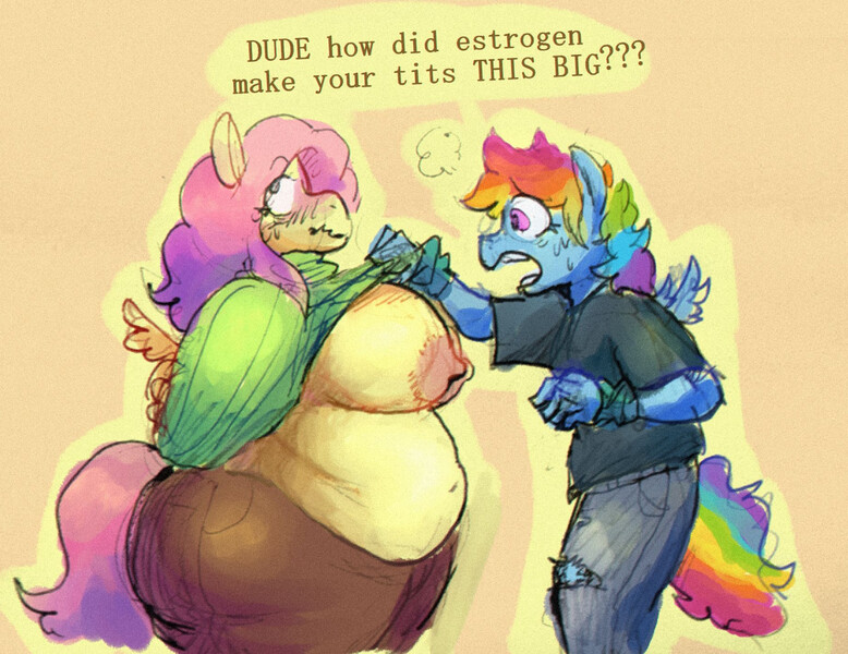 Size: 1849x1426 | Tagged: questionable, artist:punkittdev, derpibooru import, fluttershy, rainbow dash, anthro, pegasus, g4, areola, assisted exposure, big breasts, blushing, breasts, busty boy, busty fluttershy, butterscotch, clothes, dialogue, duo, estrogen, fat, female, flutterdash, image, intersex, jeans, jpeg, looking away, male, moobs, nervous, nipples, nudity, open mouth, pants, partial nudity, ripped jeans, ripped pants, rule 63, shipping, shirt, shirt pulled up, spread wings, sweat, sweater, tail, torn clothes, wavy mouth, wings