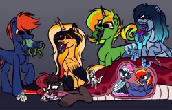 Size: 2397x1537 | Tagged: suggestive, artist:sadfloorlamp, derpibooru import, oc, oc:dandelion "buttercup", oc:fizark catto, oc:lightning bolty, oc:luka mint, oc:opal brona, oc:pitch pine, oc:swift dawn, oc:torsher, oc:triksa, unofficial characters only, alicorn, bat pony, changeling, hybrid, lamia, monster pony, original species, pegasus, pony, snake, spider, spiderling, tatzlpony, unicorn, alicorn oc, bandana, bat pony oc, bat wings, blue changeling, bow, changeling oc, clothes, collar, commission, ear fluff, eyebrows, eyebrows visible through hair, eyes closed, fangs, female, fetish, group, hair tie, horn, image, licking, lying down, male, mare, open mouth, pegasus oc, png, prehensile tongue, prone, simple background, sitting, smiling, socks, stallion, tongue out, unicorn oc, vore, vore day, willing vore, wings, x-ray