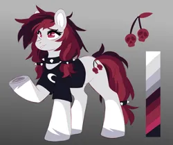 Size: 2048x1716 | Tagged: safe, artist:cheekipone, ponerpics import, oc, oc:gloomy grave, unofficial characters only, earth pony, pony, choker, clothes, color palette, crescent moon, cutie mark, earth pony oc, eyebrows, eyeshadow, female, gradient background, hair tie, image, makeup, mare, moon, png, raised hoof, red eyes, red mane, red tail, reference sheet, shirt, socks (coat marking), solo, spiked choker, spiked hairband, standing, t-shirt, underhoof, unshorn fetlocks