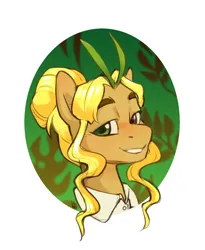 Size: 1344x1636 | Tagged: safe, artist:jewellier, derpibooru import, oc, oc:ylang-ylang, ponified, pony, blonde mane, bust, colored sketch, hair bun, image, looking at you, male, partial background, png, ponified oc, portrait, sketch, smiling, solo, stallion, stallion oc