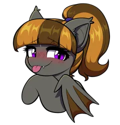 Size: 1724x1794 | Tagged: safe, artist:moozua, derpibooru import, oc, oc:mythic dawn, unofficial characters only, bat pony, pony, bat pony oc, bat wings, bedroom eyes, black outlines, blushing, bust, commission, cute, ear fluff, eyebrows, eyebrows visible through hair, eyelashes, fangs, female, hair tie, heart, heart eyes, image, looking at you, mare, png, ponytail, purple eyes, simple background, smiling, solo, tongue out, transparent background, wingding eyes, wings