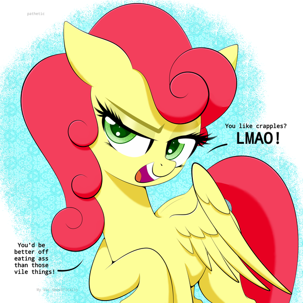 Size: 2500x2500 | Tagged: safe, artist:scandianon, derpibooru import, strawberry sunrise, pegasus, pony, g4, female, image, laughing at you, looking at you, mare, open mouth, open smile, png, raised leg, smiling, smug, spread wings, wings