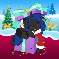 Size: 5000x5000 | Tagged: safe, artist:jhayarr23, derpibooru import, oc, oc:swift dawn, unofficial characters only, changeling, absurd resolution, blue changeling, blushing, bow, changeling in a box, changeling oc, christmas, christmas lights, christmas tree, clothes, commission, confetti, costume, cute, detailed background, eyes closed, fangs, floppy ears, frog (hoof), holiday, horn, image, looking at you, male, ornaments, png, present, santa costume, smiling, smiling at you, solo, tongue out, tree, underhoof, ych result