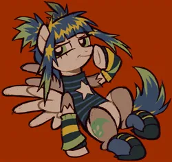 Size: 1495x1409 | Tagged: safe, artist:kickaroc, derpibooru import, oc, unofficial characters only, pegasus, pony, clothes, image, jpeg, leg warmers, scene hair, shirt, smiling, smirk, solo, spread wings, torn clothes, wings