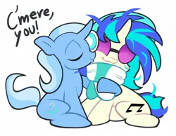 Size: 2006x1559 | Tagged: safe, artist:rennygallery, derpibooru import, trixie, vinyl scratch, pony, g4, :3, clothes, cuddling, curved horn, dj lulamoon, eyes closed, female, horn, image, jpeg, lesbian, mare, scarf, shipping, smiling